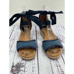 UGG Womens Amell Wedge Heel Sandals Denim Lace Up Open Toe Navy Blue Size 7.5